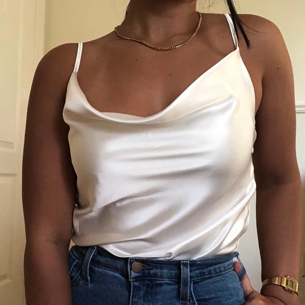 White Satin Cowl Neck Top